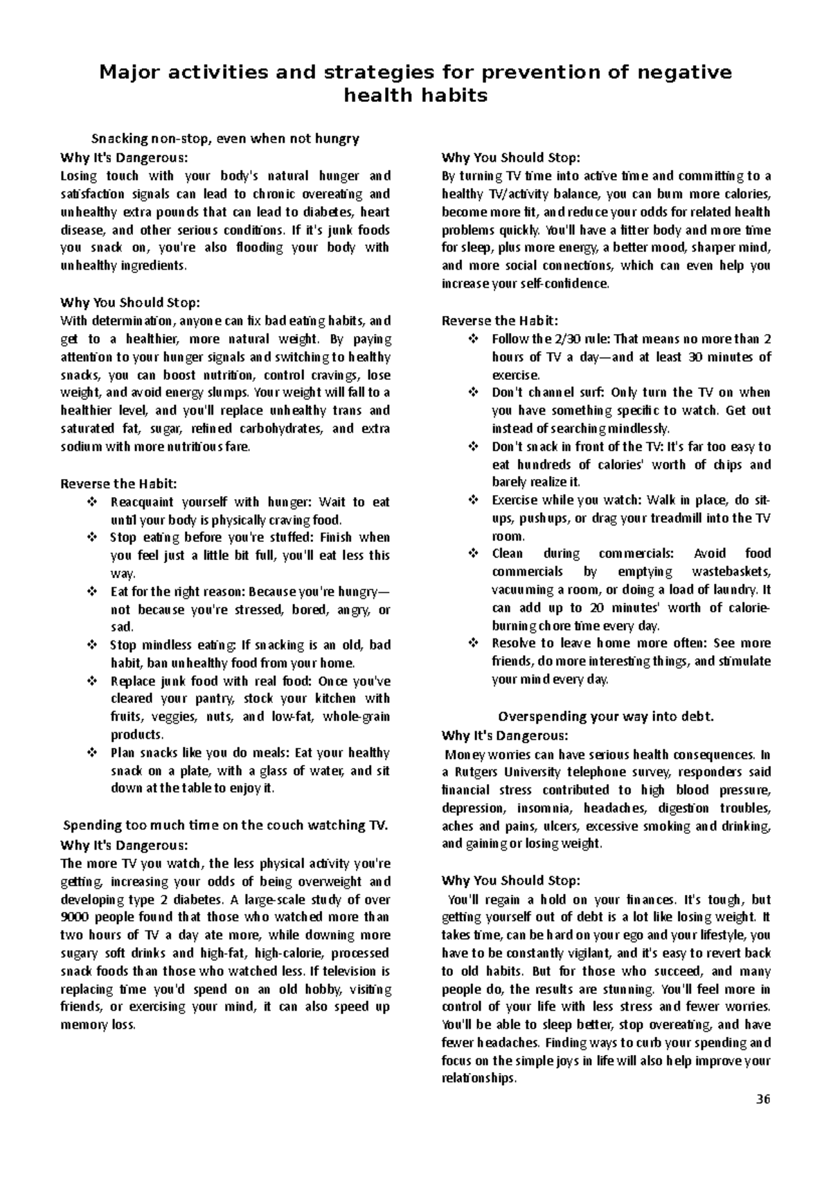 Major activities and strategies for prevention of negative health ...