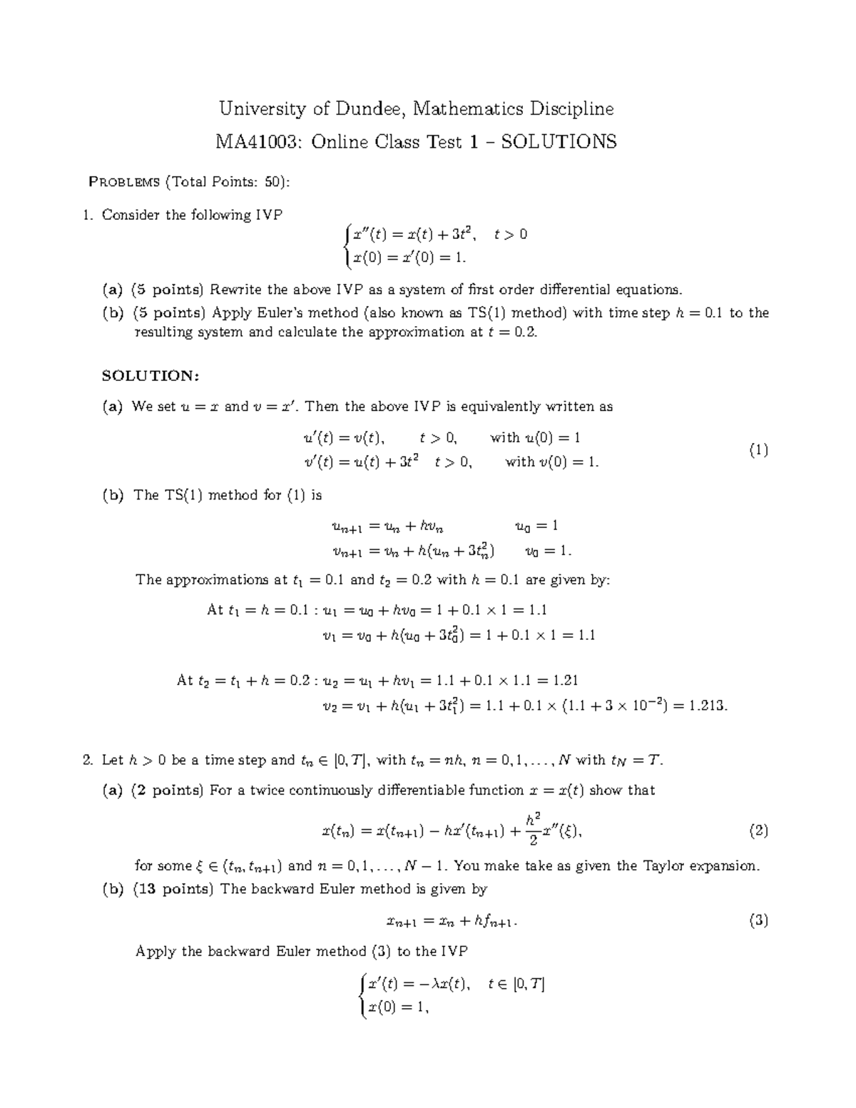 Class test 1 - Solutions - University of Dundee, Mathematics Discipline ...