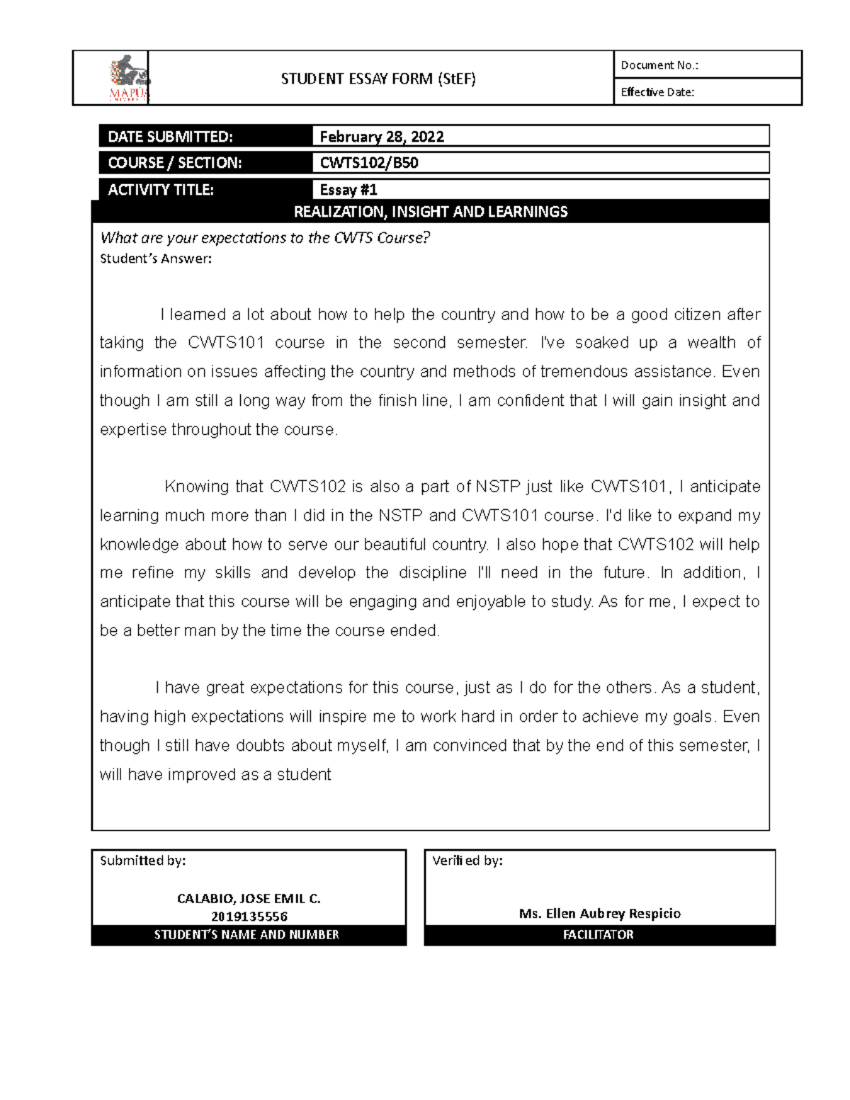 Calabio E1 - CWTS - STUDENT ESSAY FORM (StEF) Document No.: Effective ...