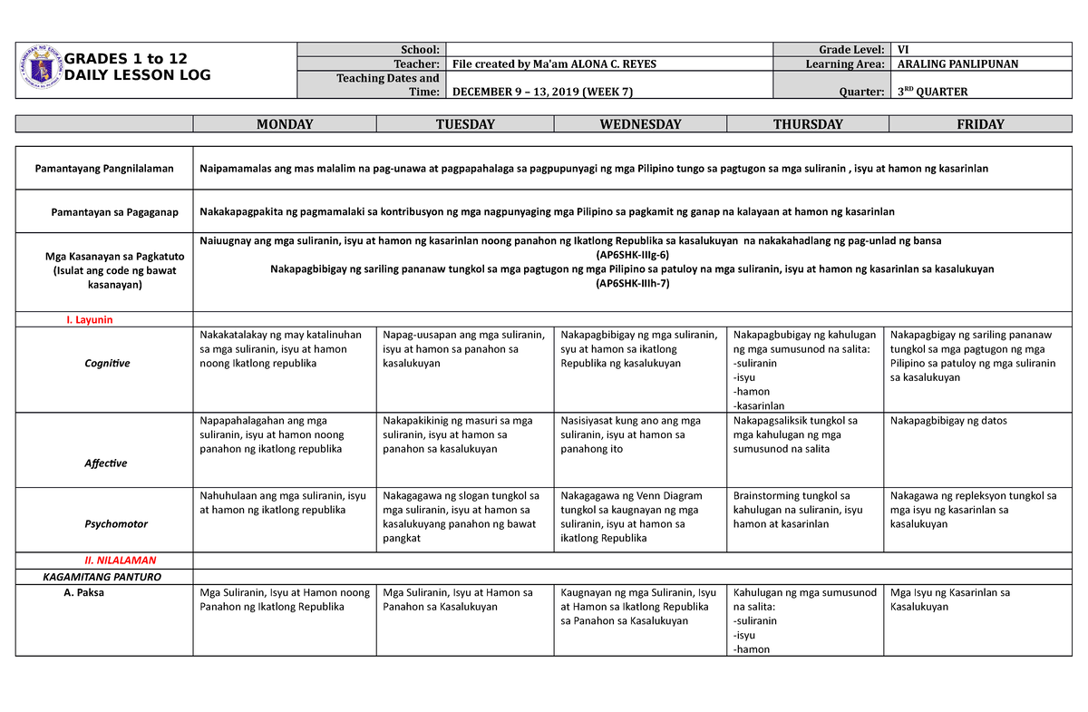 Lesson Log Dll Tle He 6 Q3 W7 Grades 1 To 12 Daily Lesson Log School ...