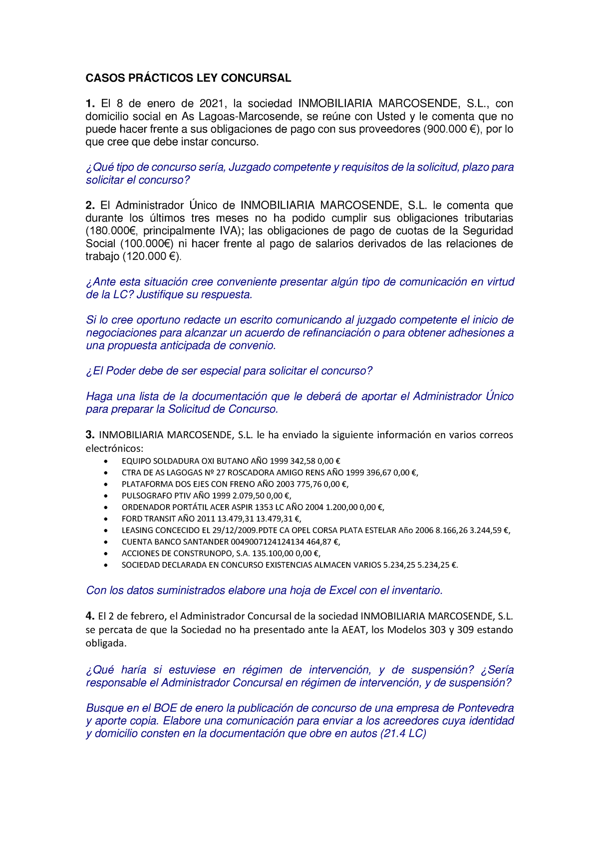 Casos Prácticos Ley Concursal Casos PrÁcticos Ley Concursal 1 El 8 De Enero De 20 21 La 5499