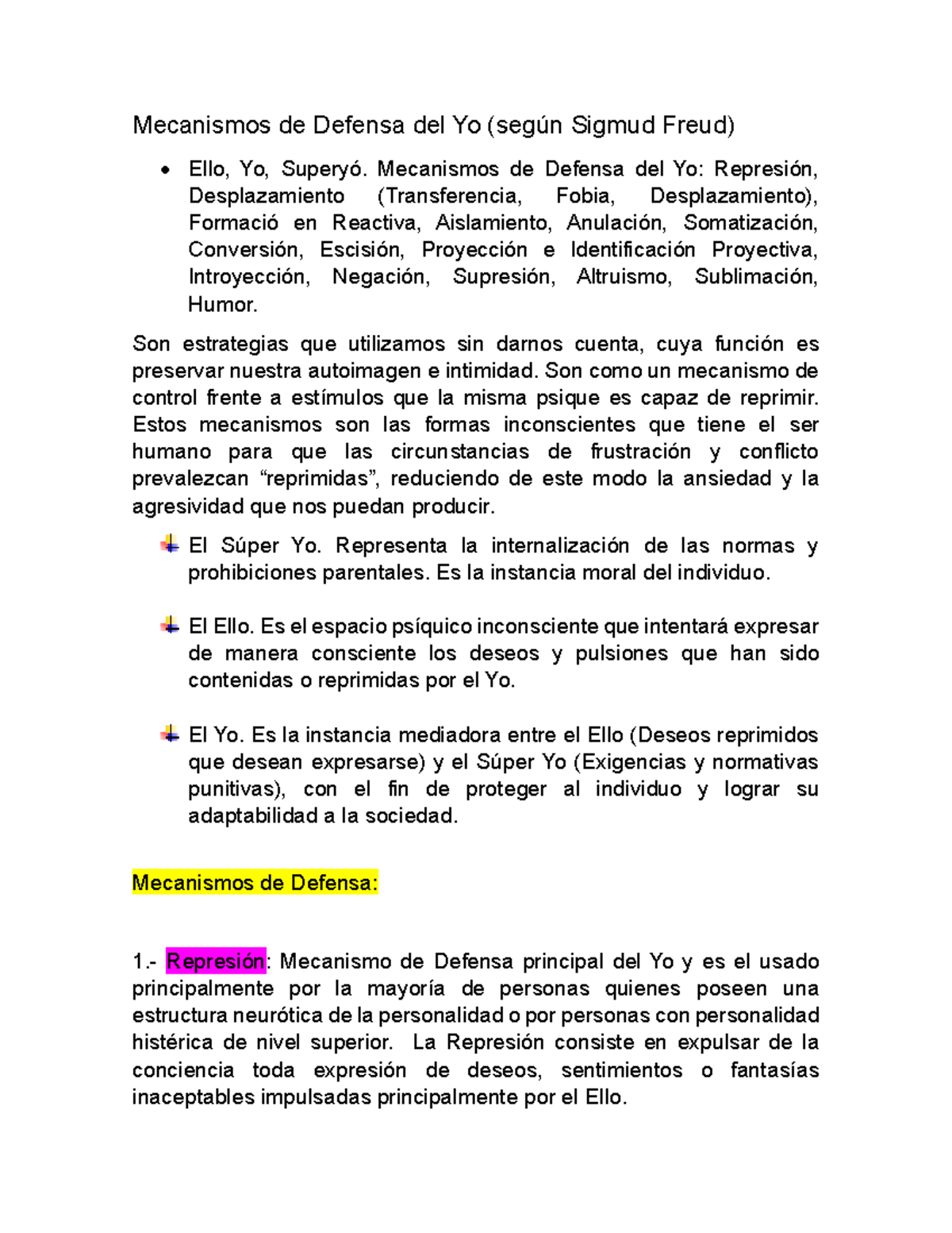 Mecanismos de Defensa del Yo - Mecanismos de Defensa del Yo: Represión ...