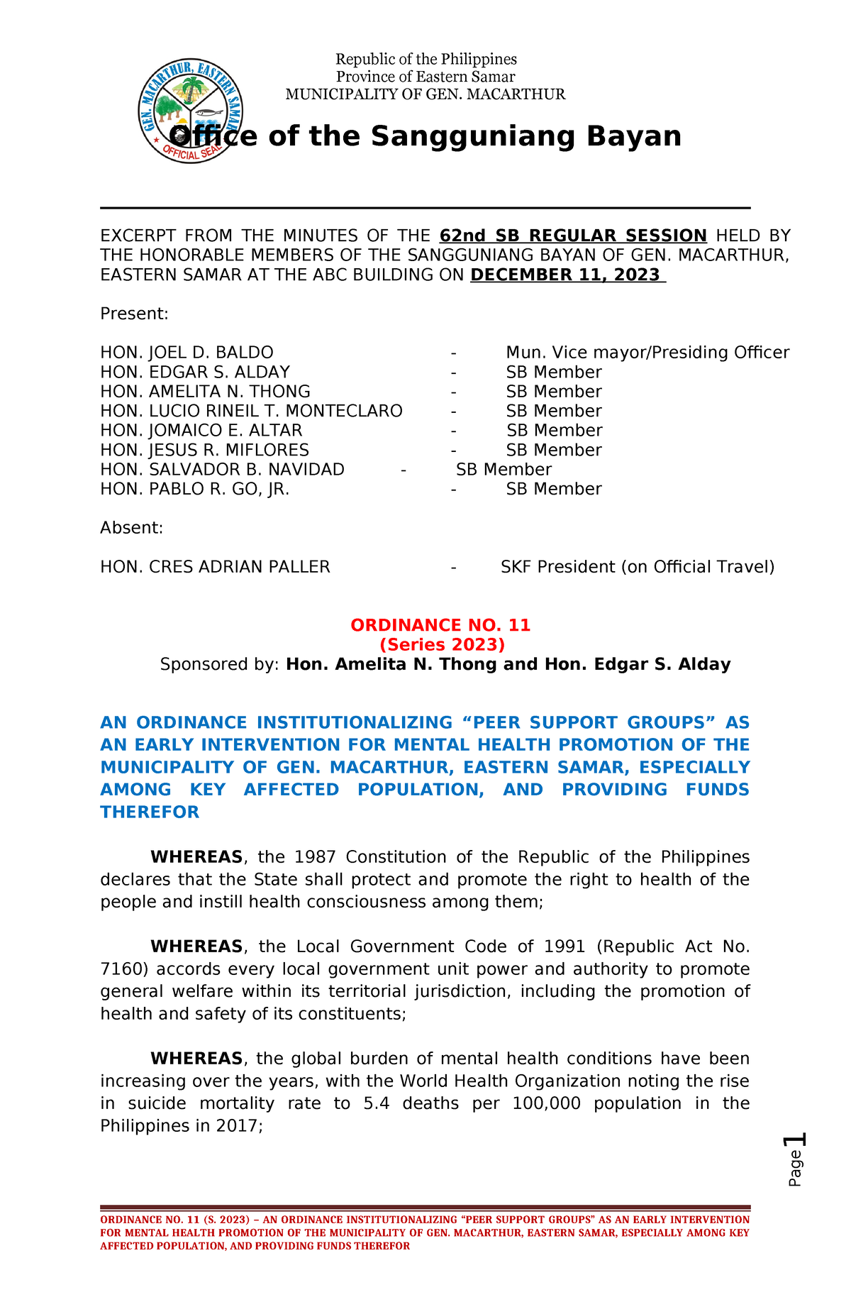 ORD-NO - MANDATORY - Page 1 Province of Eastern Samar MUNICIPALITY OF ...