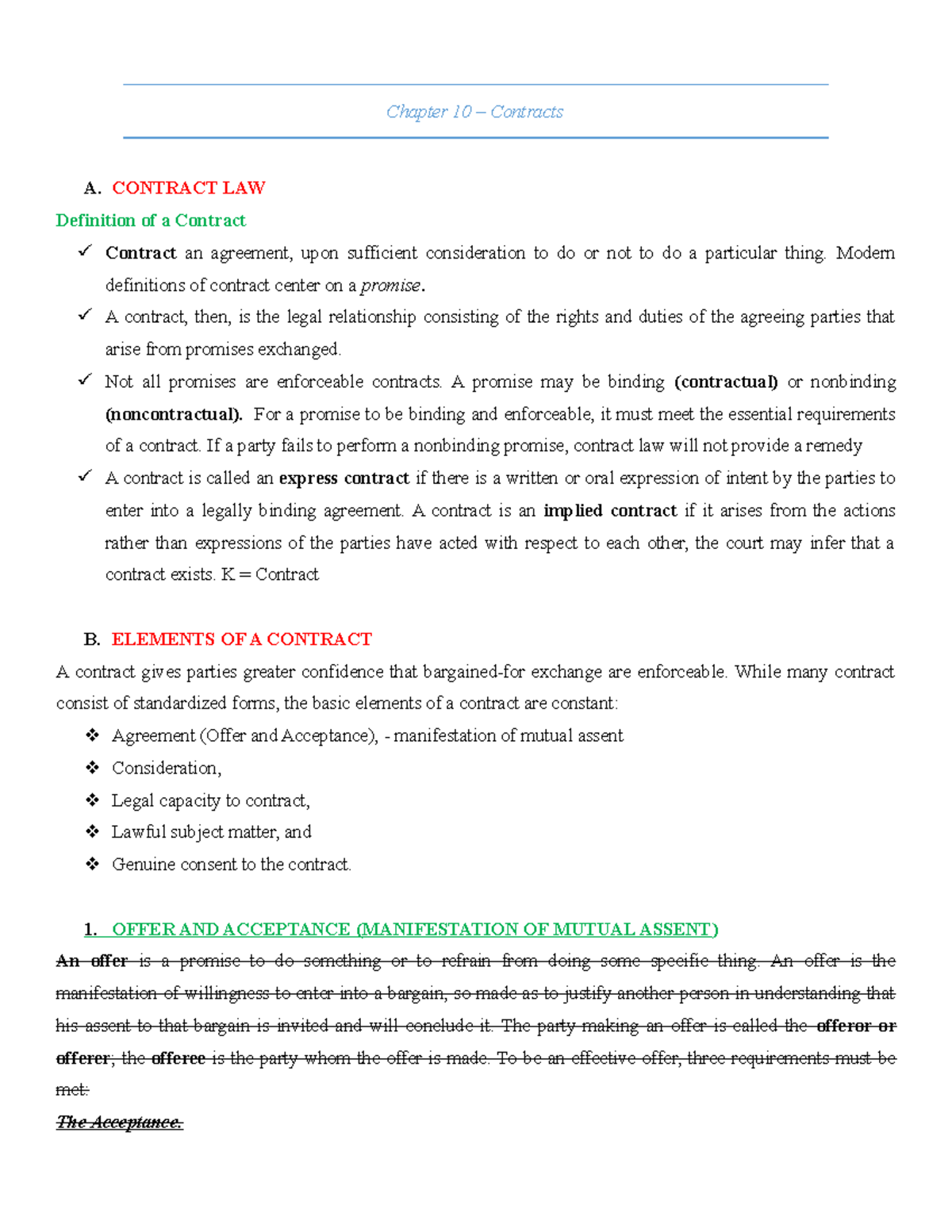 Chapter 10 – Contracts - Chapter 10 Contracts A. CONTRACT LAW ...