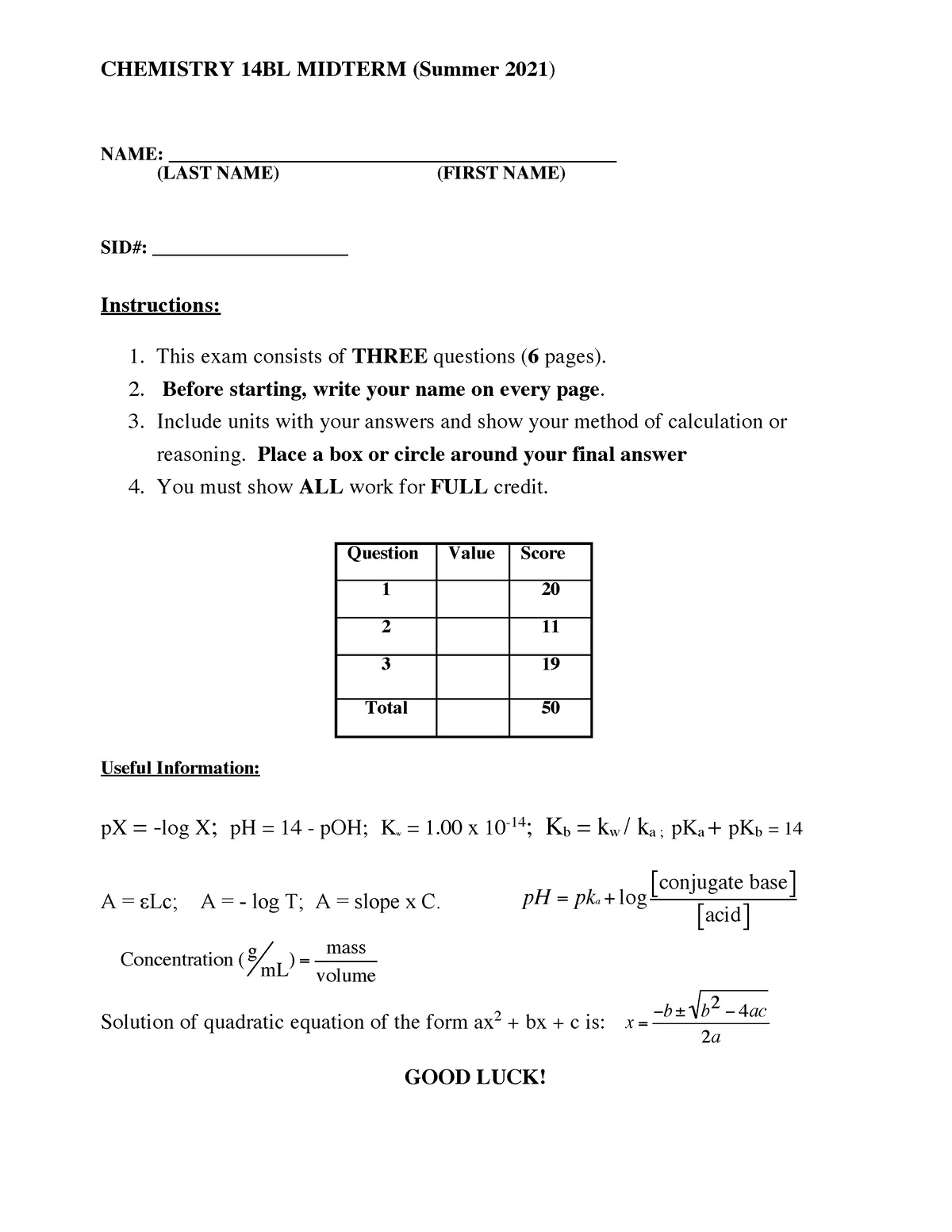 Chem 14BL Practice Midterm - CHEMISTRY 14BL MIDTERM (Summer 2021) NAME ...