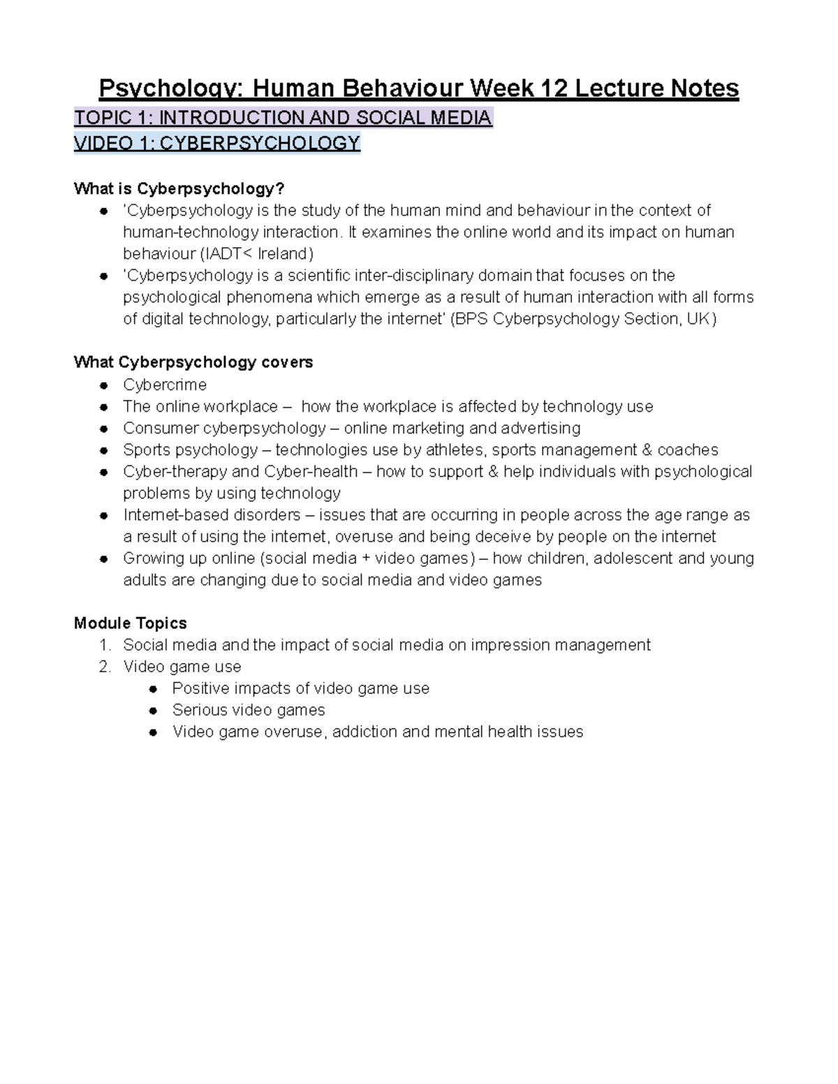 HB Week 12 Lecture Notes - Psychology: Human Behaviour Week 12 Lecture ...