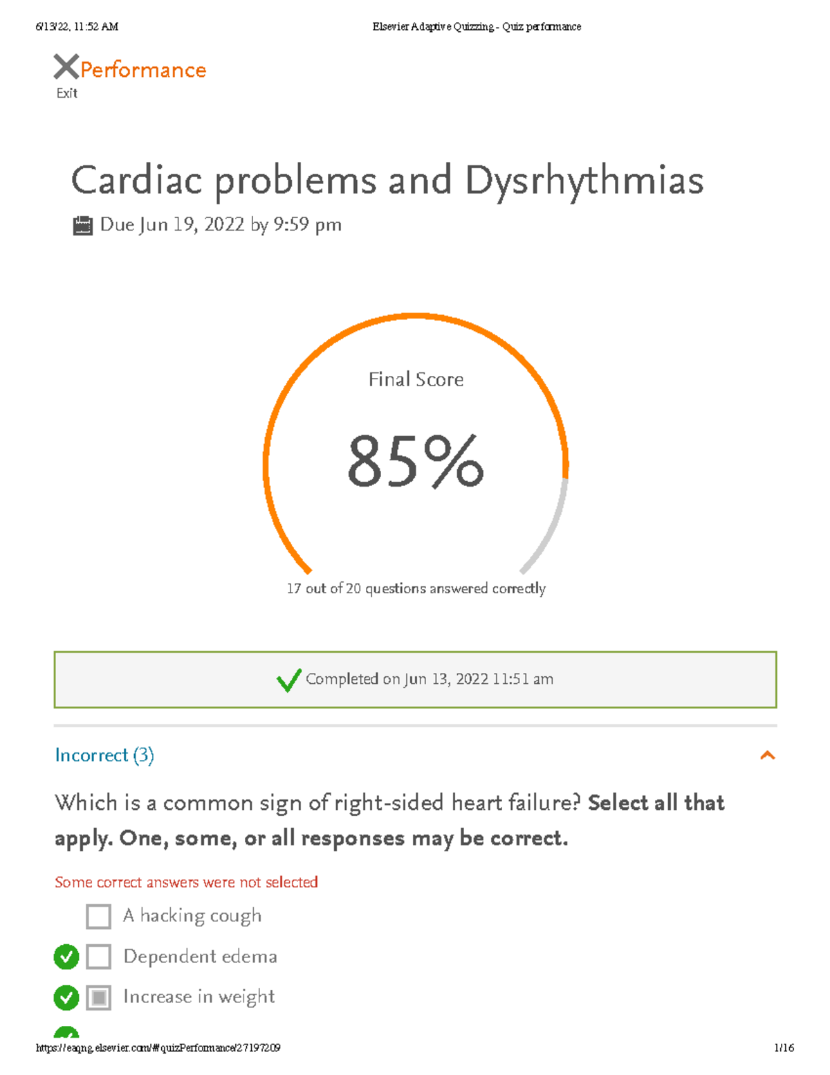 Week 2 Quiz Med Surg 2 - Sherpath Weekly Quiz - Exit Performance ...