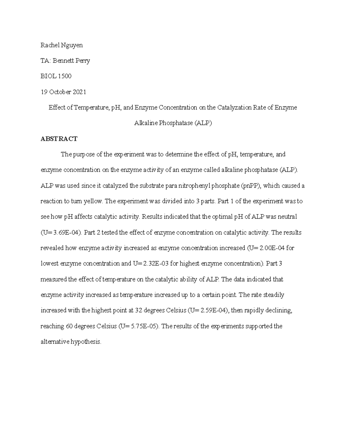 Enzyme formal lab report for biology 1 Rachel Nguyen TA