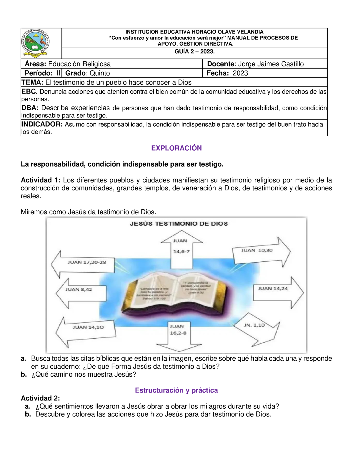 Guía 2 Religión Grado Quinto Segundo Periodo 2023 Institucion Educativa Horacio Olave Velandia 5504