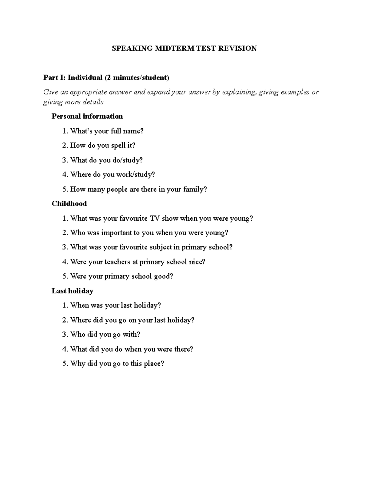 Speaking midterm revision SPEAKING MIDTERM TEST REVISION Part I