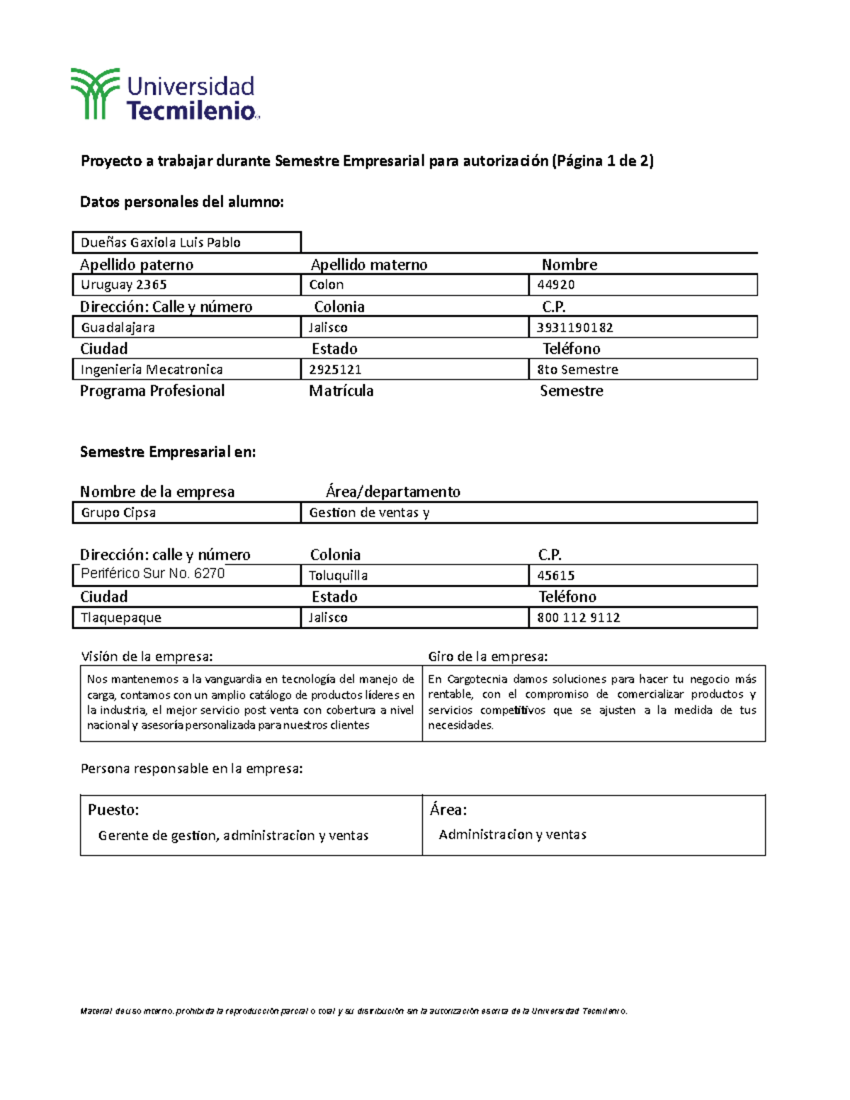 Registro Del Proyecto En La Empresa - Proyecto A Trabajar Durante ...