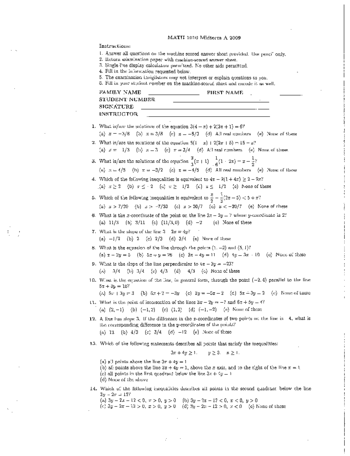 Exam 2009, questions - midterm a - MATH 1010 - Studocu