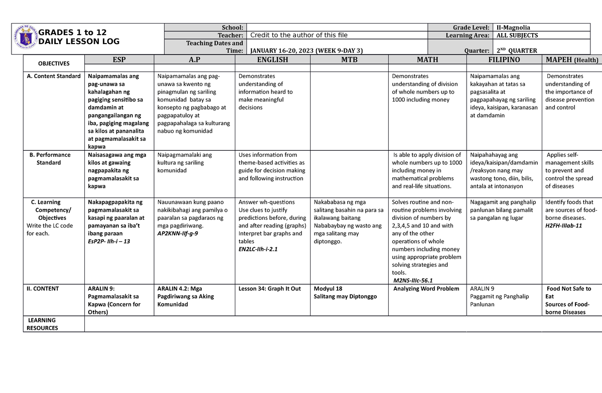 DLL ALL Subjects 2 Q2 W9 D3 - GRADES 1 to 12 DAILY LESSON LOG School ...