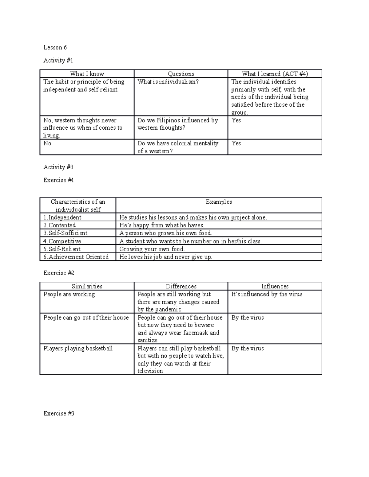 Lesson-6 - Lesson-6 - Lesson 6 Activity # What I Know Questions What I 