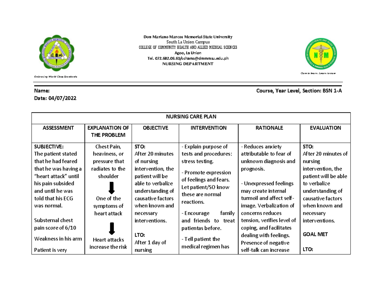 Nursing Care Plan - Anxiety - Embracing World Class Standards Don 