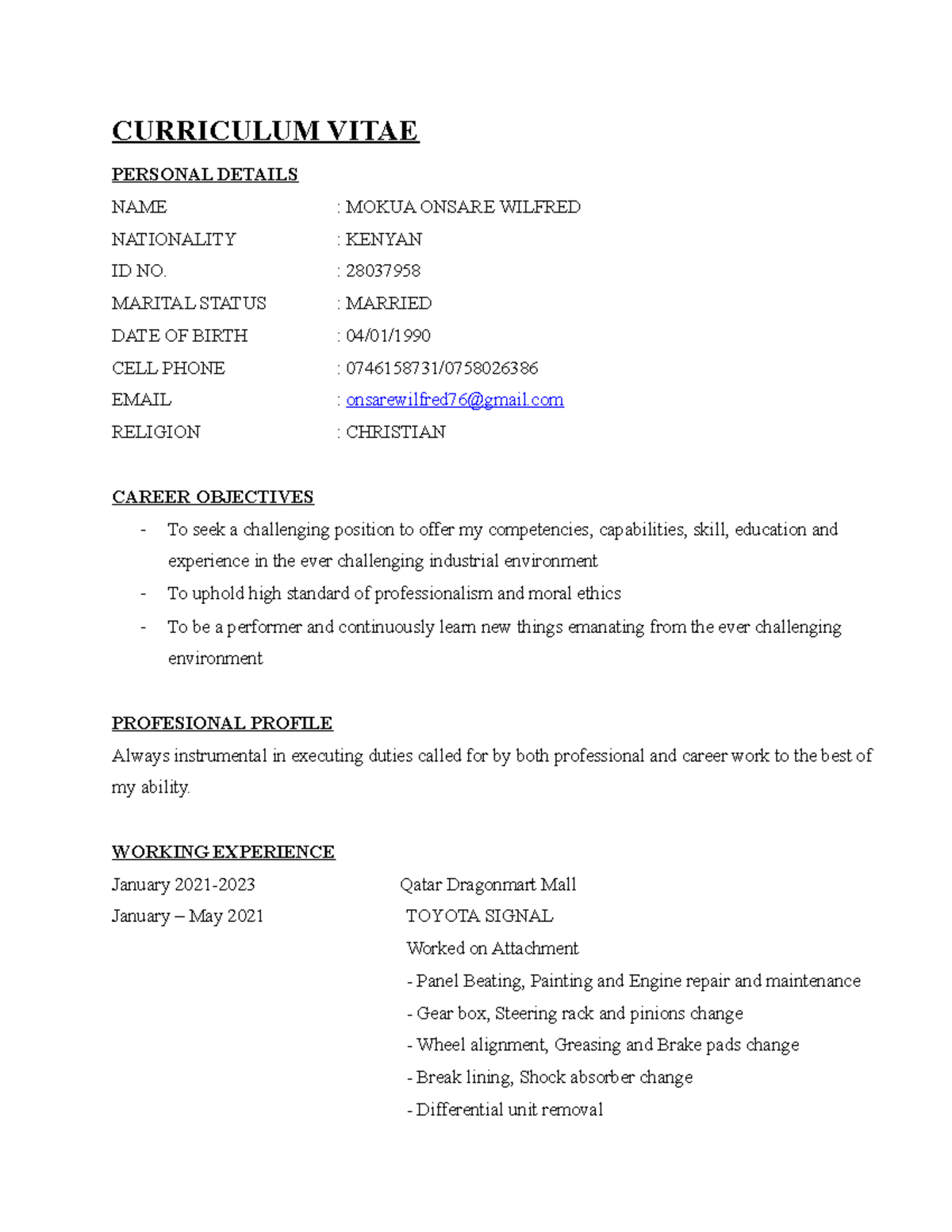 Onsare CV.doc update - CURRICULUM VITAE PERSONAL DETAILS NAME : MOKUA ...