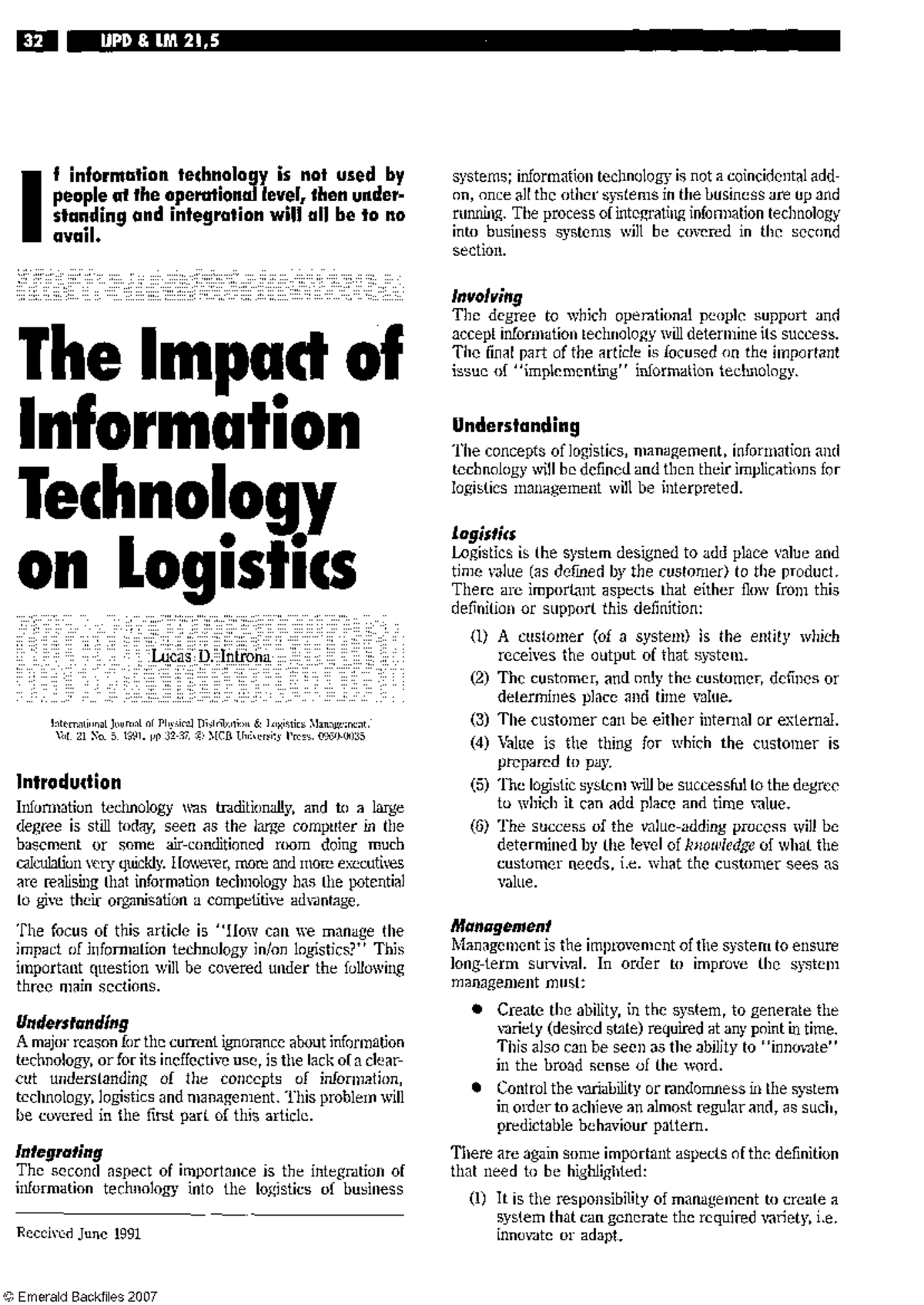 The Impact Of Information Technology On Logistics 32 IJPD 