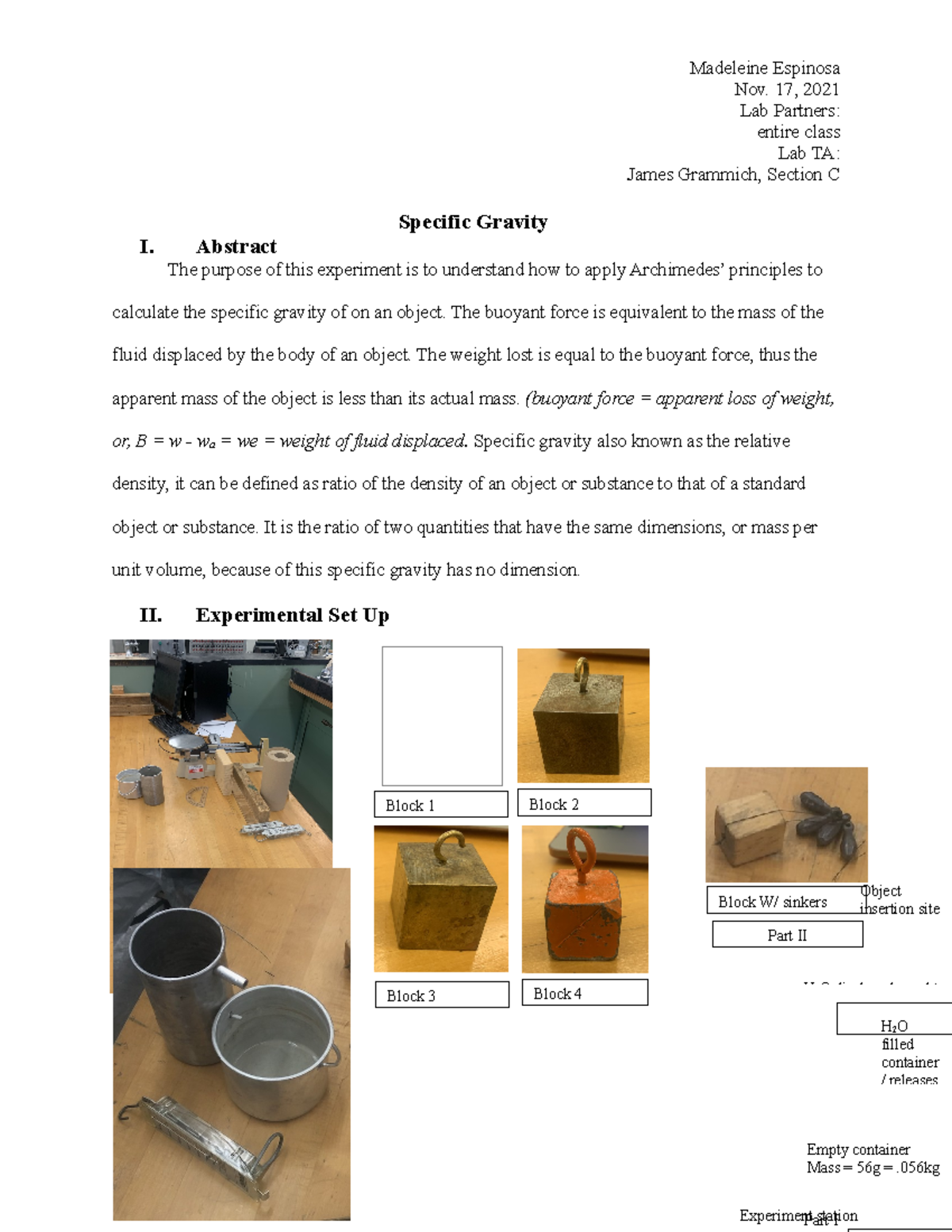 Specific Gravity - Grade: A - Nov. 17, 2021 Lab Partners: entire class ...
