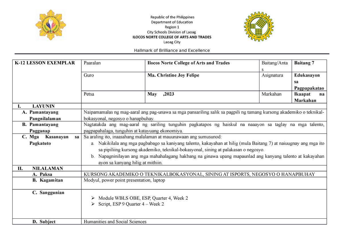 Detailed 9 WEEK2 ESP - Lesson Plan - Department Of Education Region 1 ...