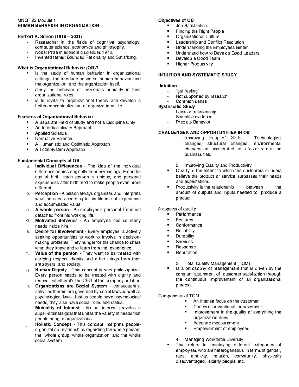 MNGT 22 Module 1 and 2 - MNGT 22 Module 1 HUMAN BEHAVIOR IN ...