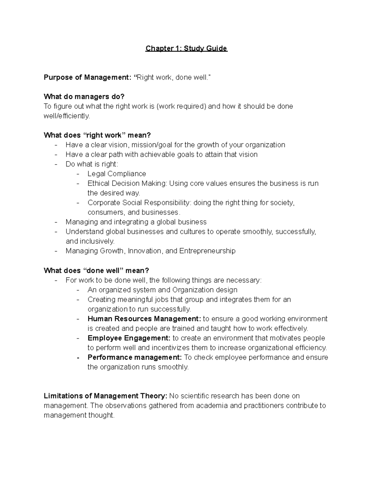 Chapter 1 Study Guide - Chapter 1: Study Guide Purpose of Management ...