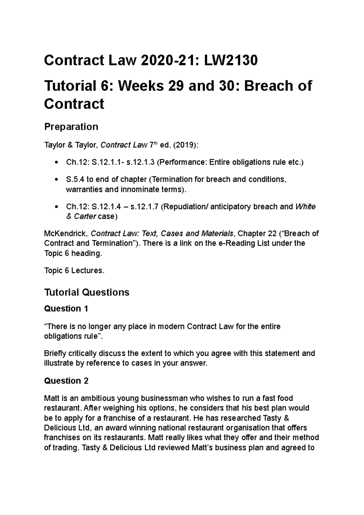 0000 Contract Law 2020-21 Tutorial 6 LW 2130 - Contract Law 2020-21: LW ...