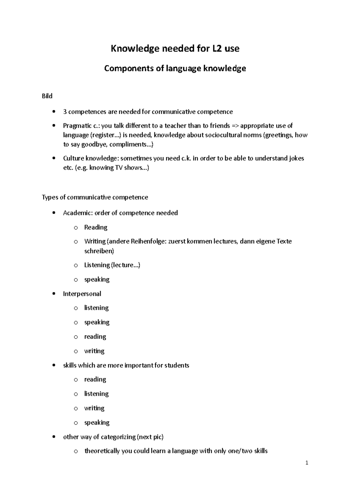 11. Knowledge needed for L2 use Components of language knowledge