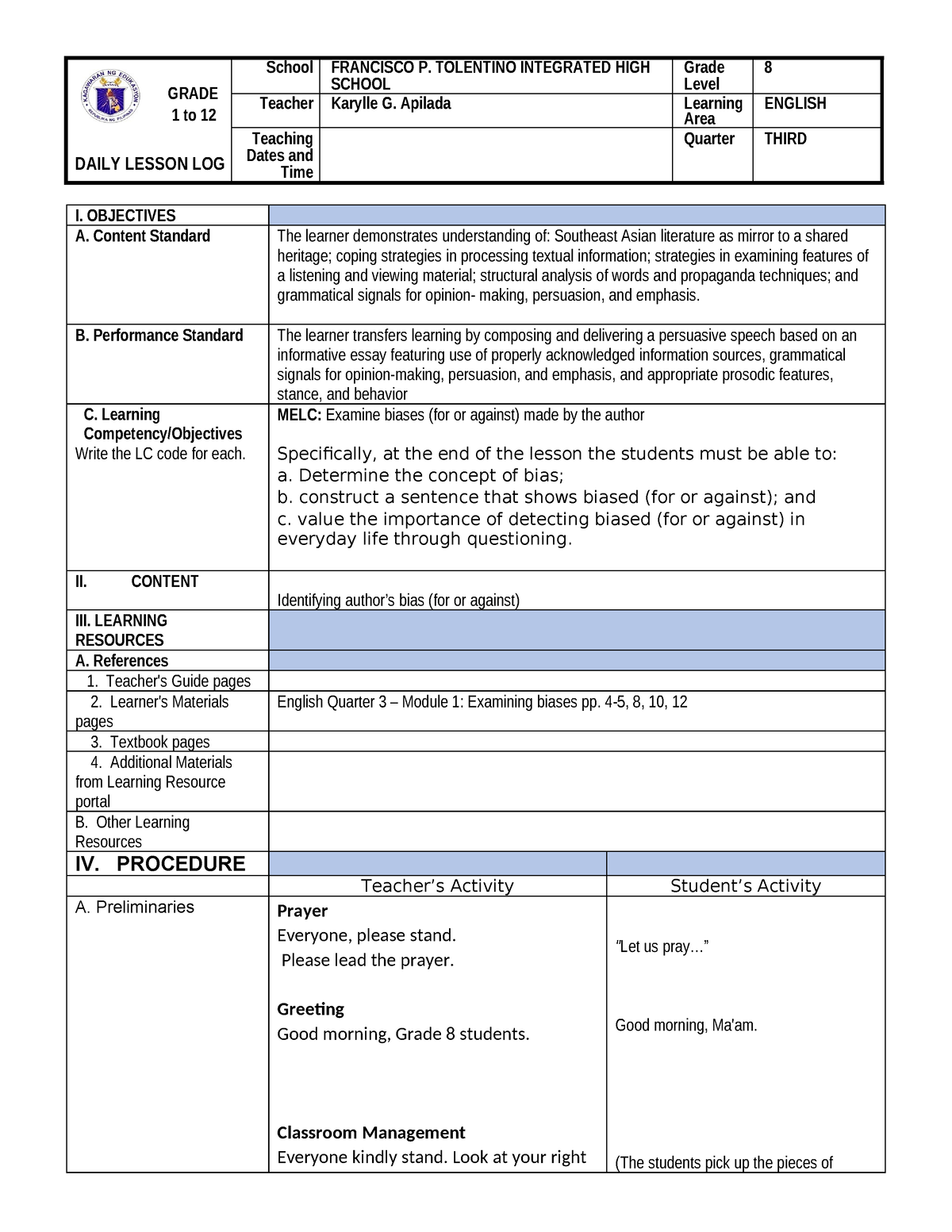 Week 1 day 2 - ENGLISH 8 QUARTER 3 WEEK 1 DAY 2 DLP - GRADE 1 to 12 ...