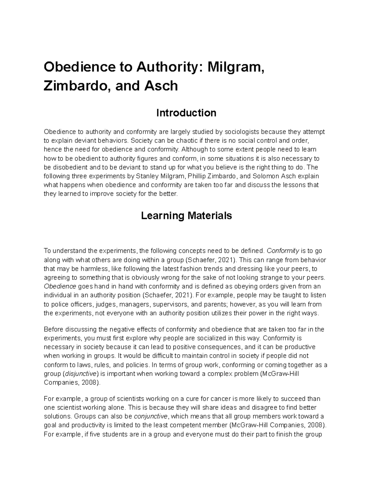 Obedience to Authority Milgram, Zimbardo, and Asch - Obedience to ...