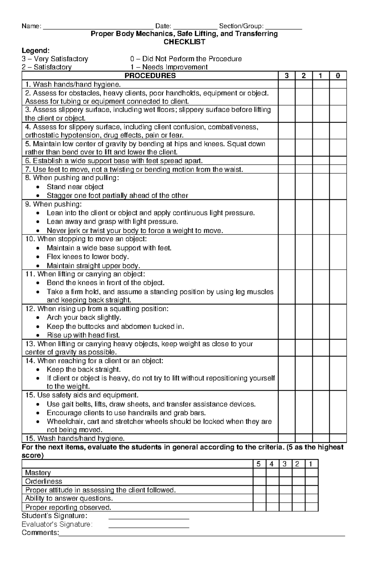 Performance-Checklist - Proper Body Mechanics, Safe Lifting, and ...