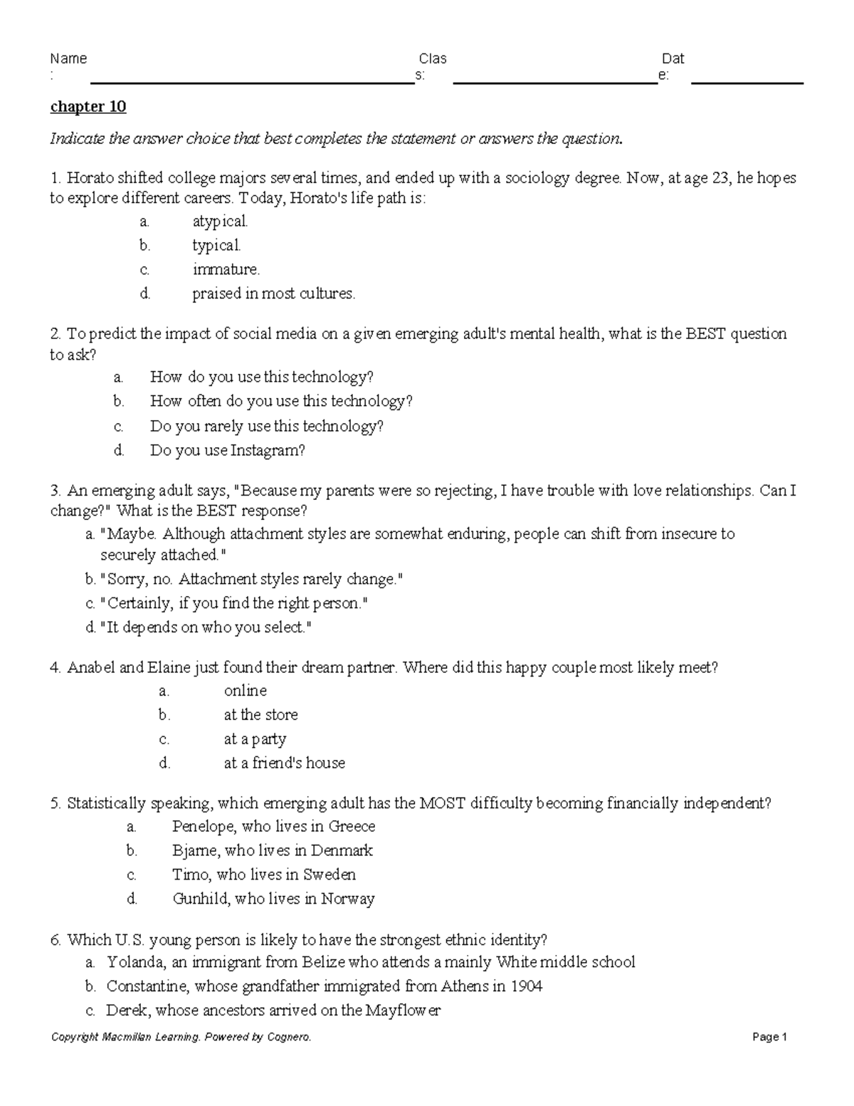 Chapter 10 study guide s e chapter 10 Indicate the answer