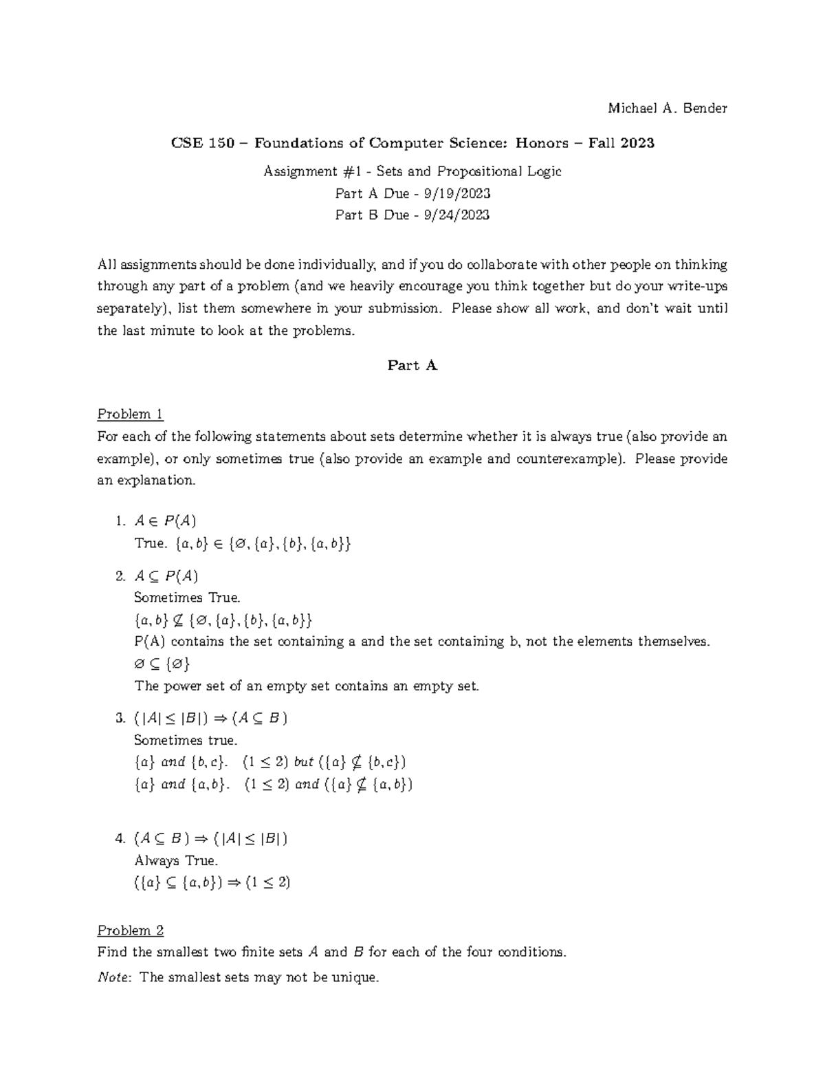 Hw1 homewokr Michael A. Bender CSE 150 Foundations of Computer