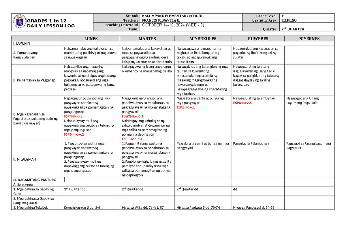 DLL Filipino 5 Q2 W3 - daily lesson plan - GRADES 1 to 12 DAILY LESSON ...