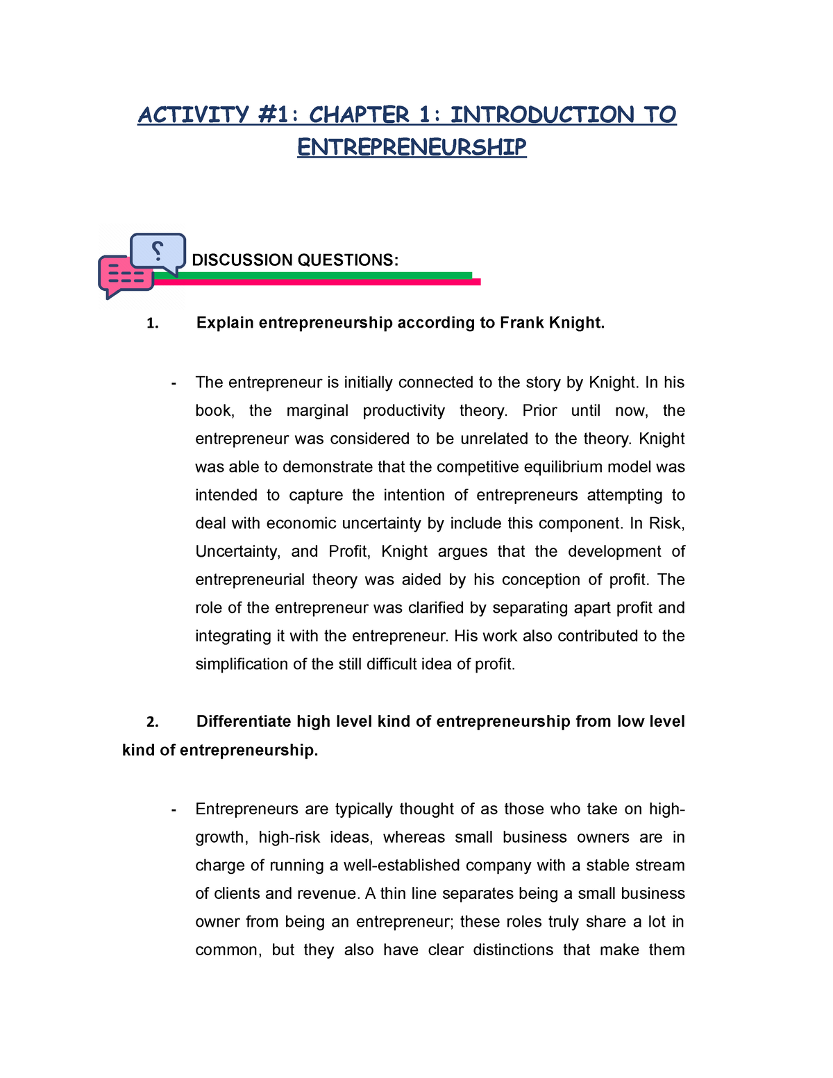 Activity 1 Chapter 1 Introduction TO Entrepreneurship(THC009 ...