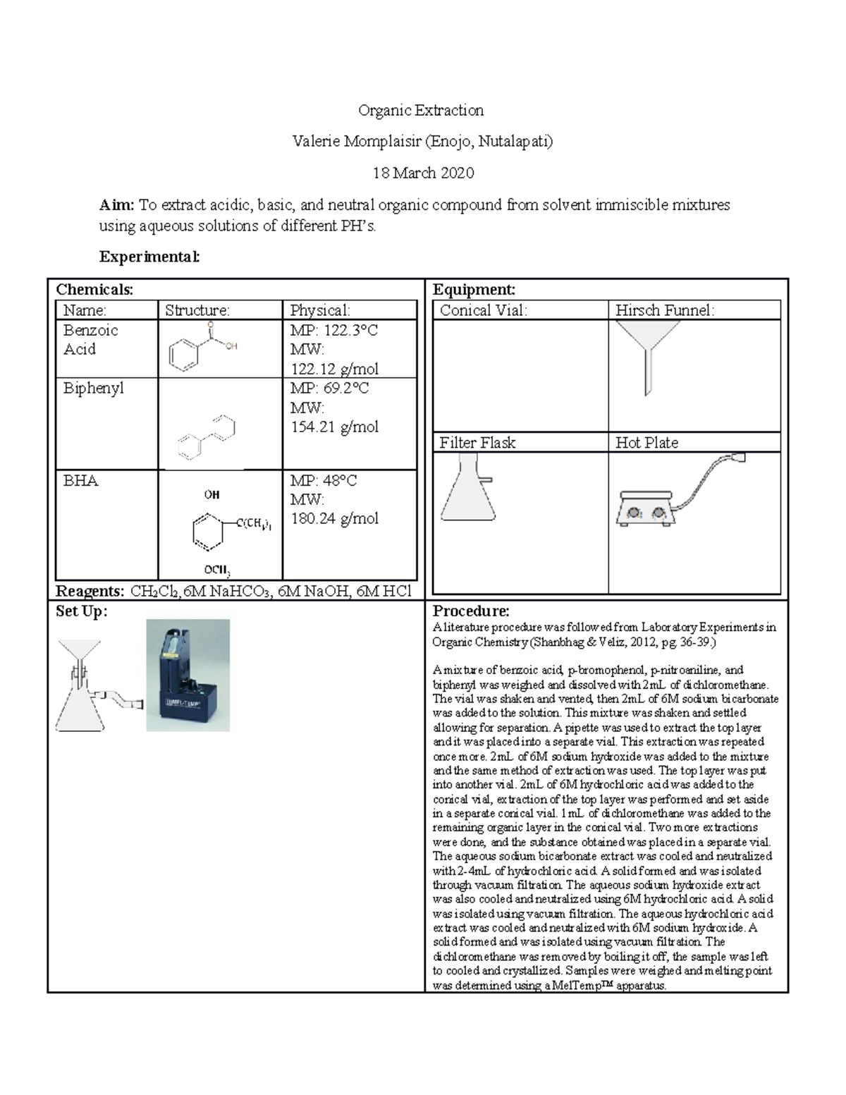 CHEM2400 Organic Extraction LAB - Organic Extraction Valerie Momplaisir ...