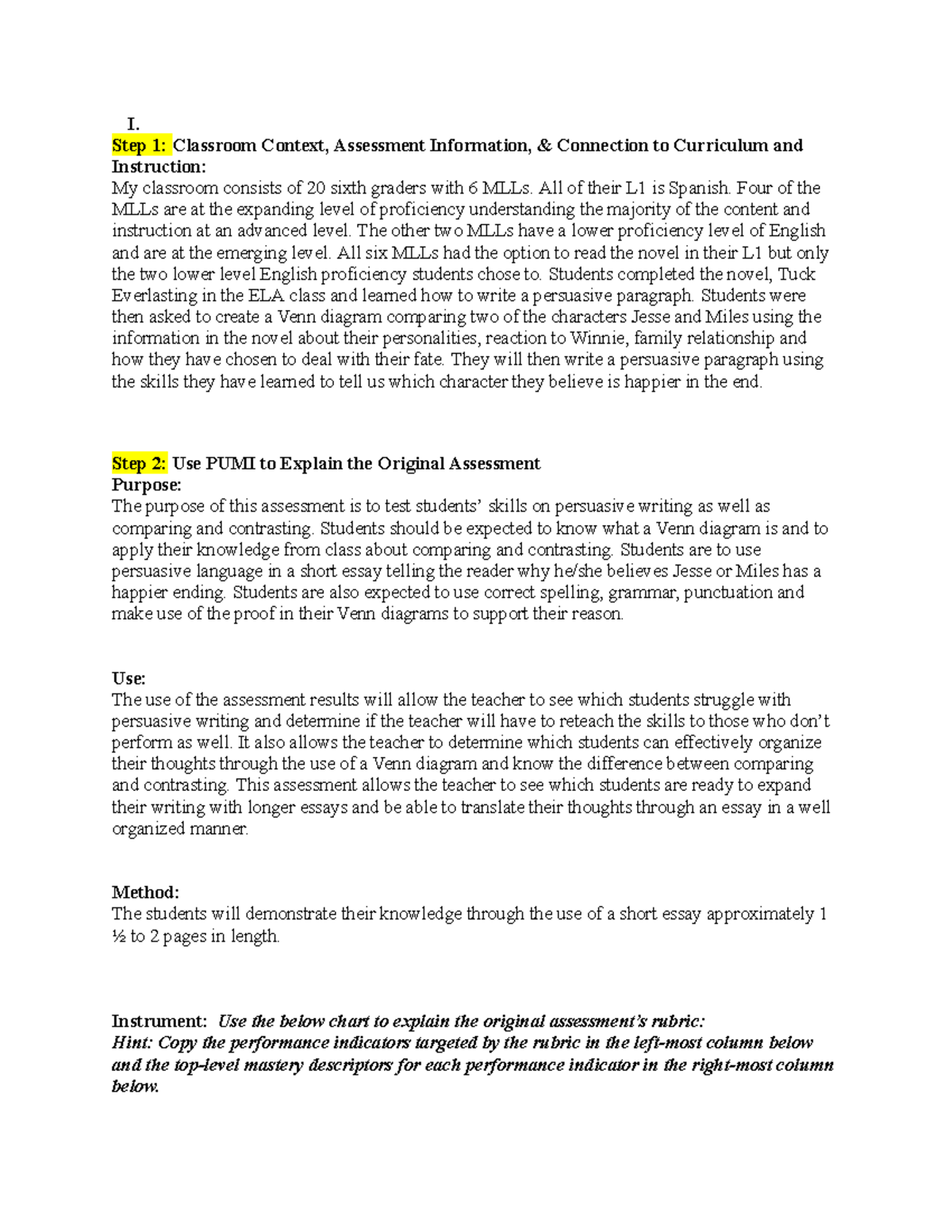 LCD 707 Midterm - I. Step 1: Classroom Context, Assessment Information ...