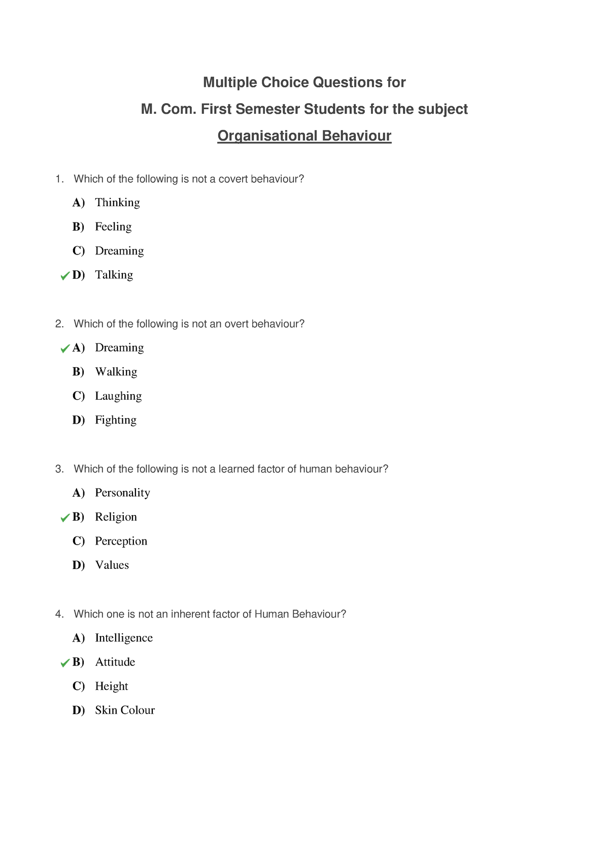 Multiple Choice Questions For Organisational Behaviour - Multiple ...