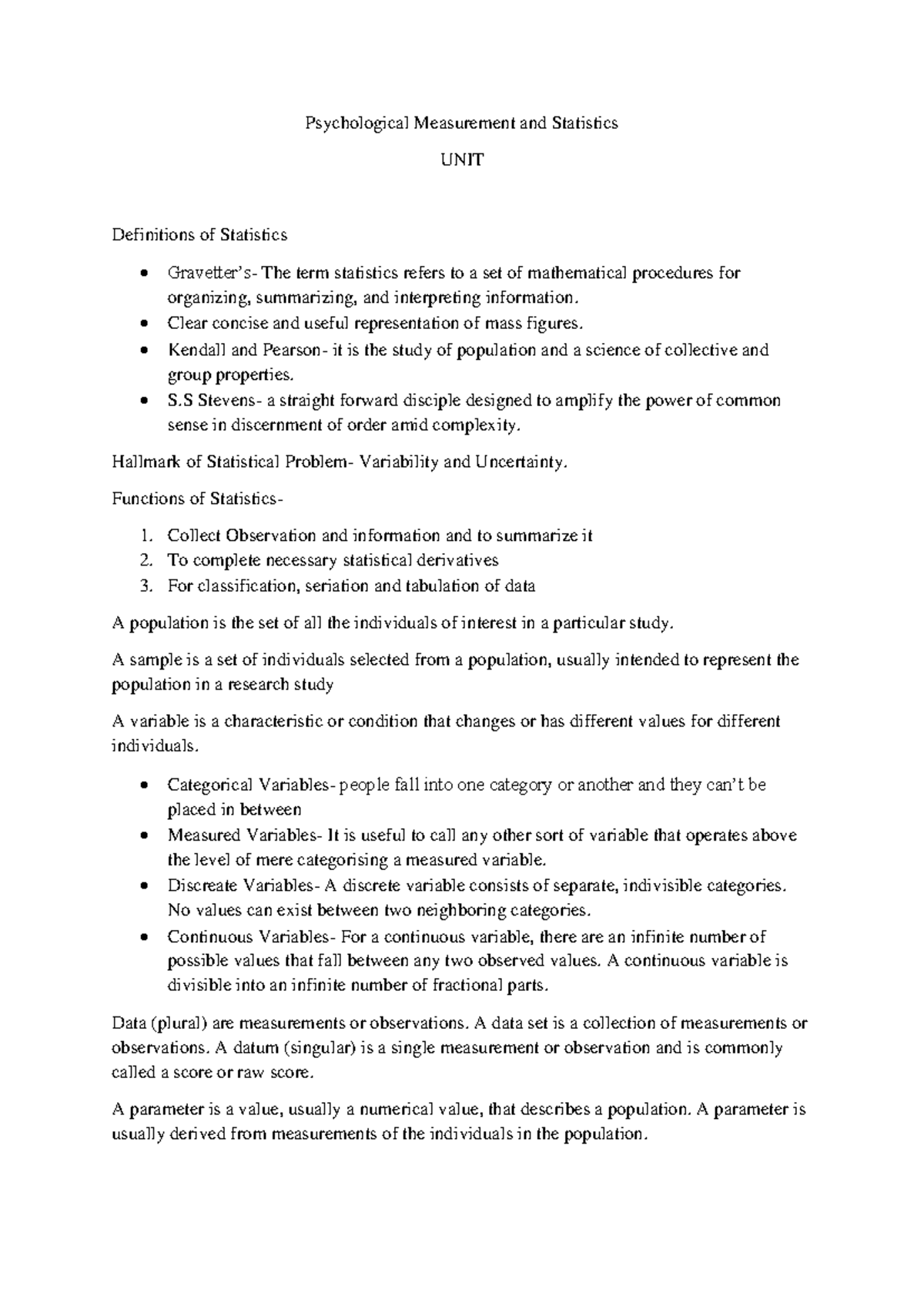 Unit I (notes) - Psychological Measurement and Statistics UNIT ...