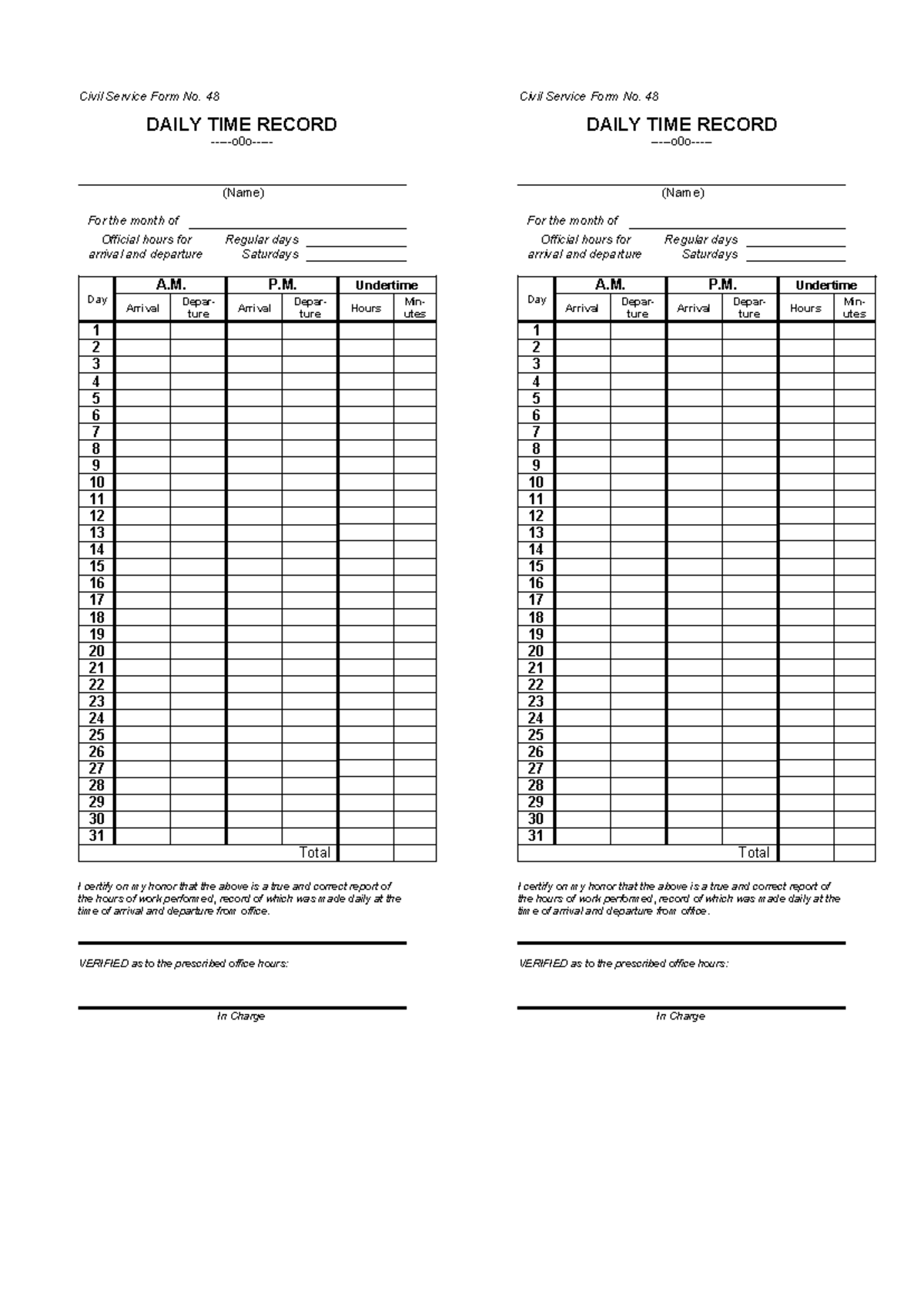 Appendix 24 - Daily Time Record (DTR) - Civil Service Form No. 48 DAILY ...