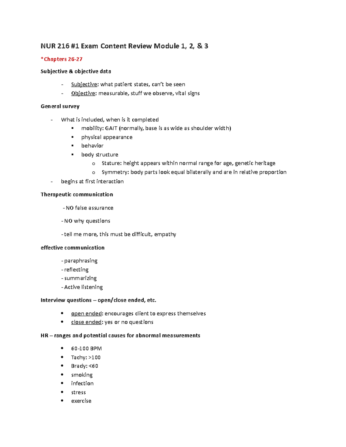 Exam #1 Study Guide - Notes - NUR 216 #1 Exam Content Review Module 1 ...