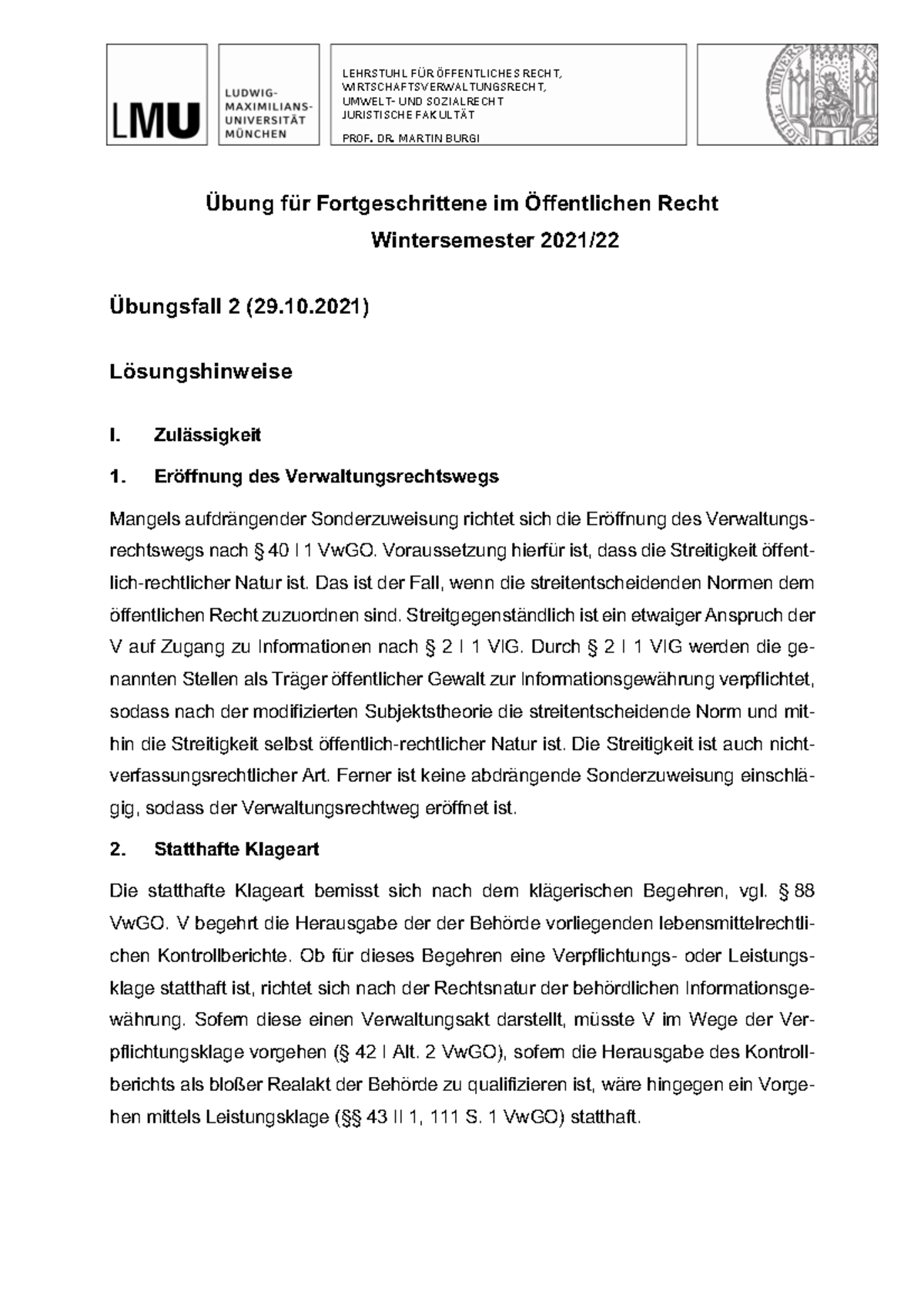 Jura Fall Übung LEHRSTUHL FÜR ÖFFENTLICHES RECHT,WIRTSCHAFTSVERWALTUNGSRECHT, UMWELT UND