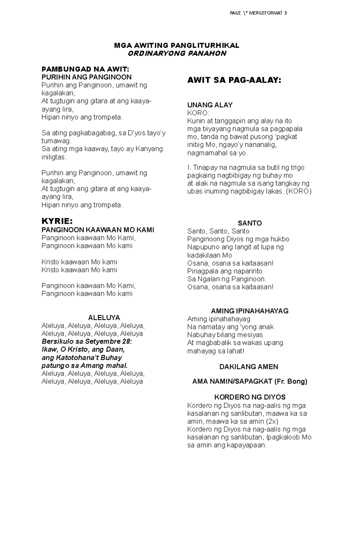 Awiting Pang-Liturhikal sa Ordinaryong Panahon - MGA AWITING ...