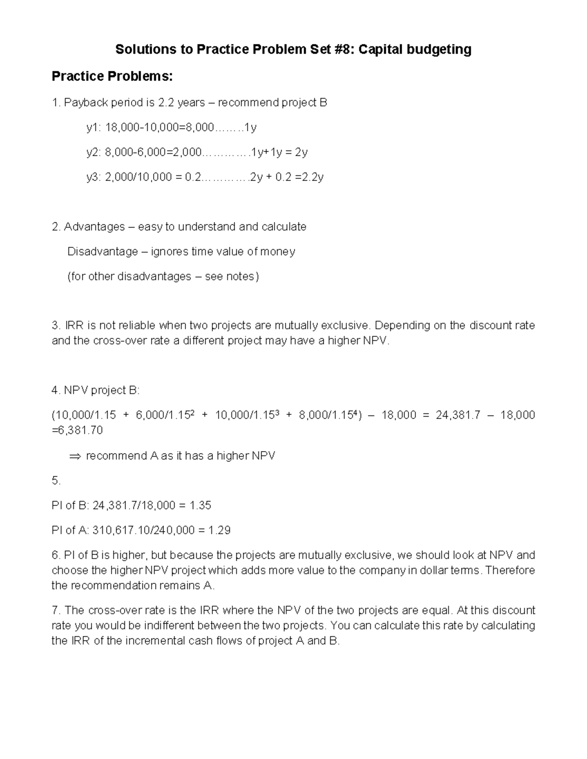 Capital Budgeting - Solutions - Solutions to Practice Problem Set #8 ...