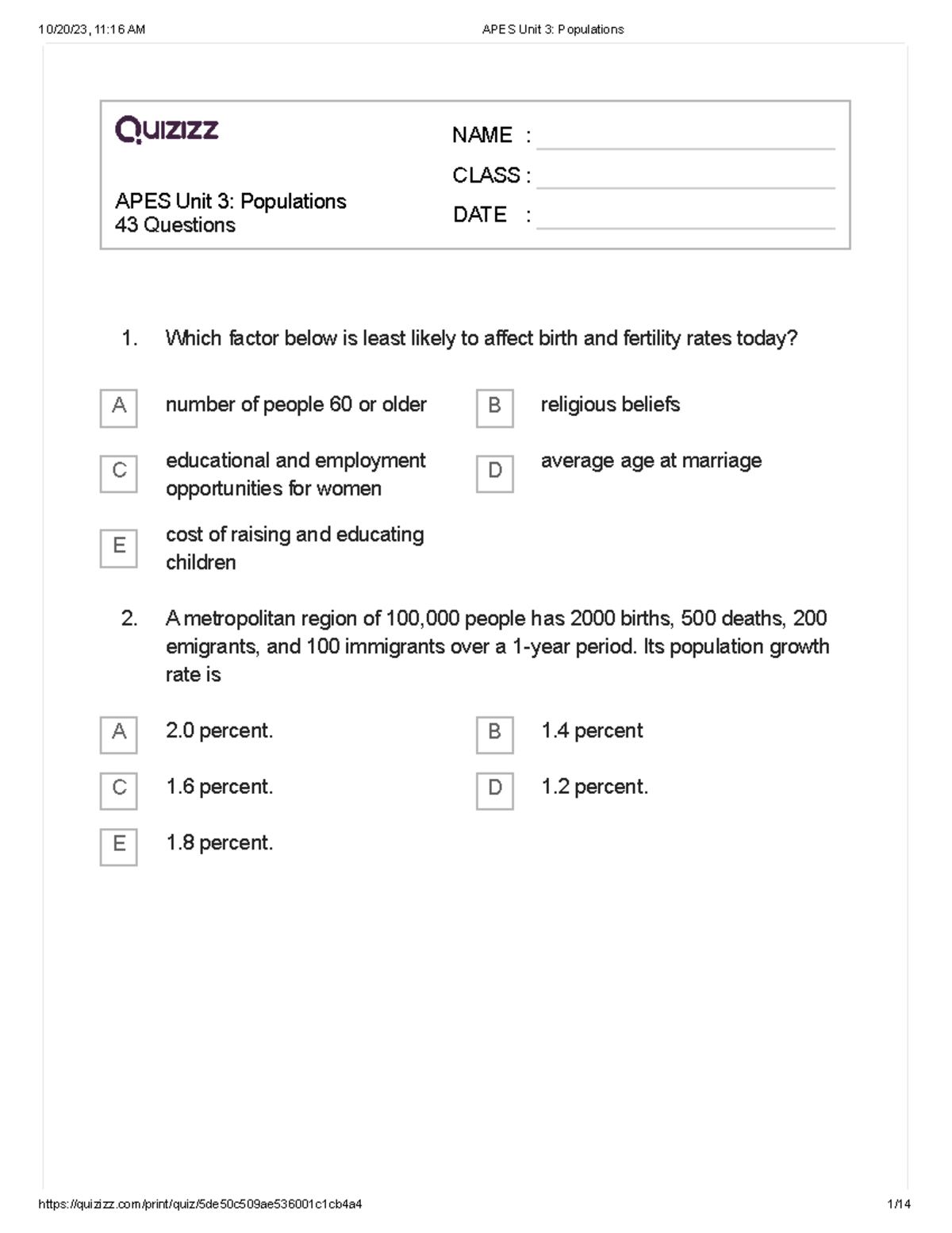 APES Unit 3 Populations - APES Unit 3: Populations 43 Questions NAME ...