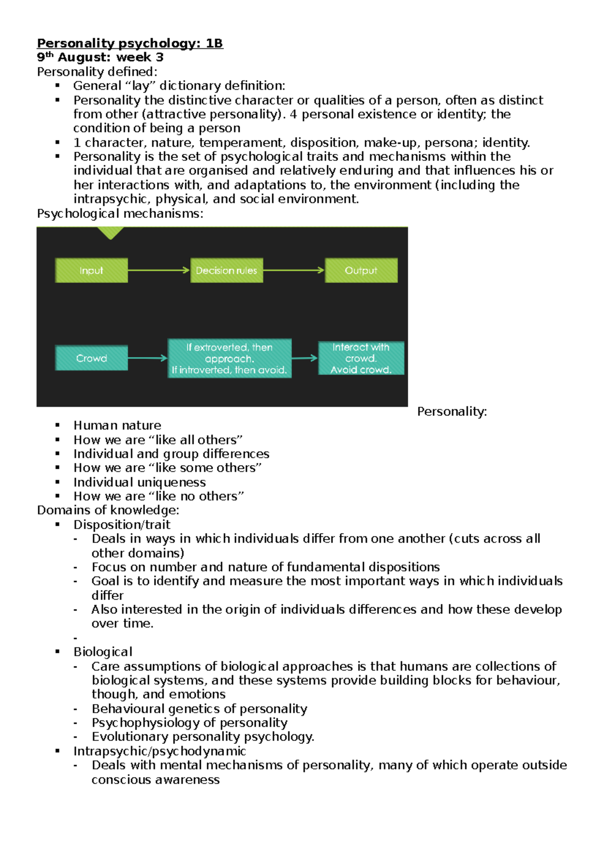 Introduction To Psychology - Notes Week 3-4 - Personality Psychology ...