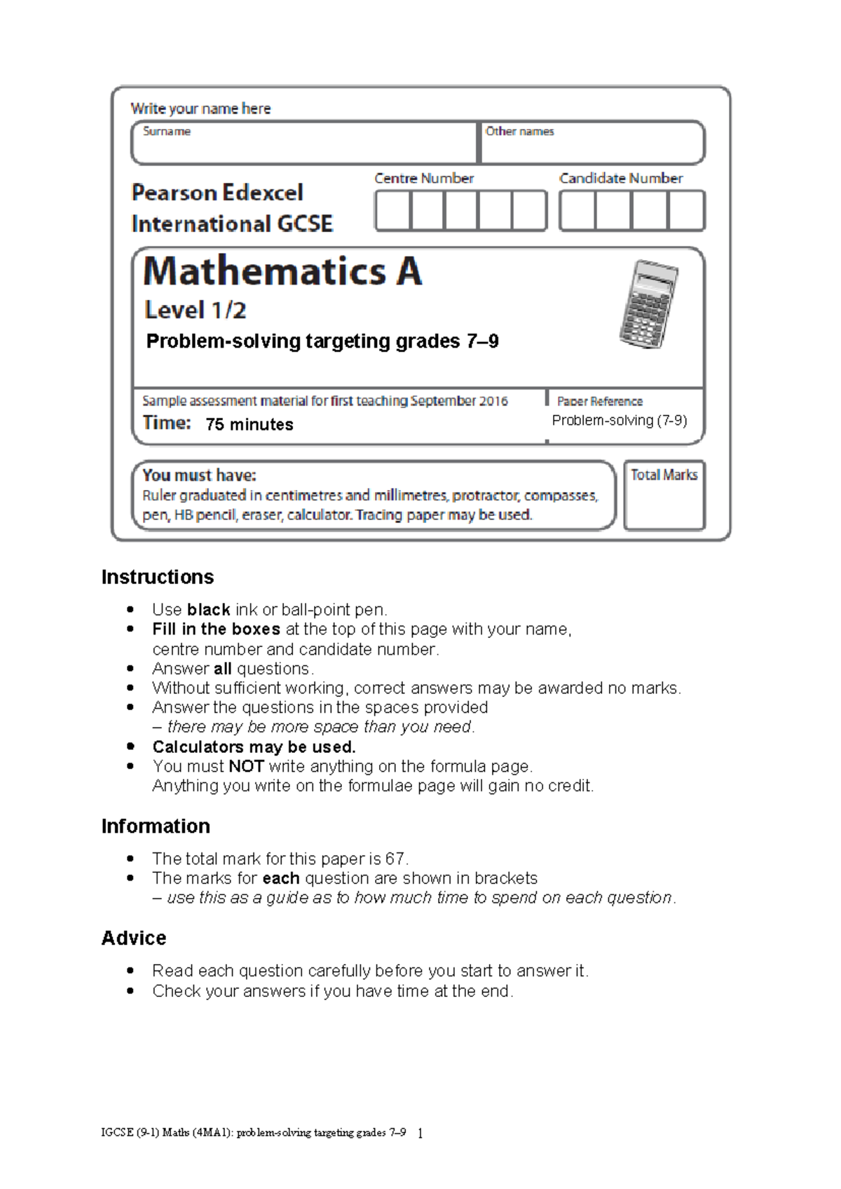 Igcse Maths (9-1) 4MA1 problem-solving questions targeting grades 7-9 ...