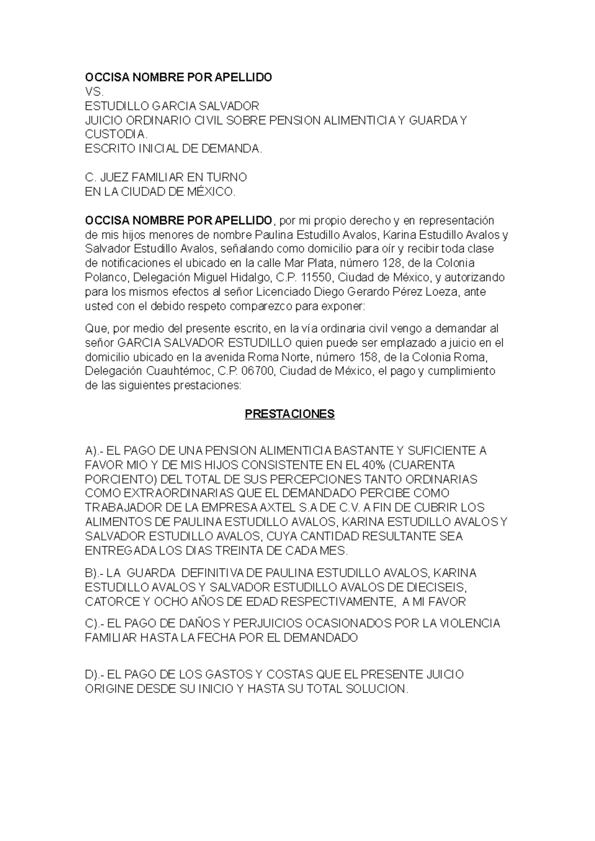 Modelo De Escrito Inicial De Demanda Juicio Ordinario Civil Coteen