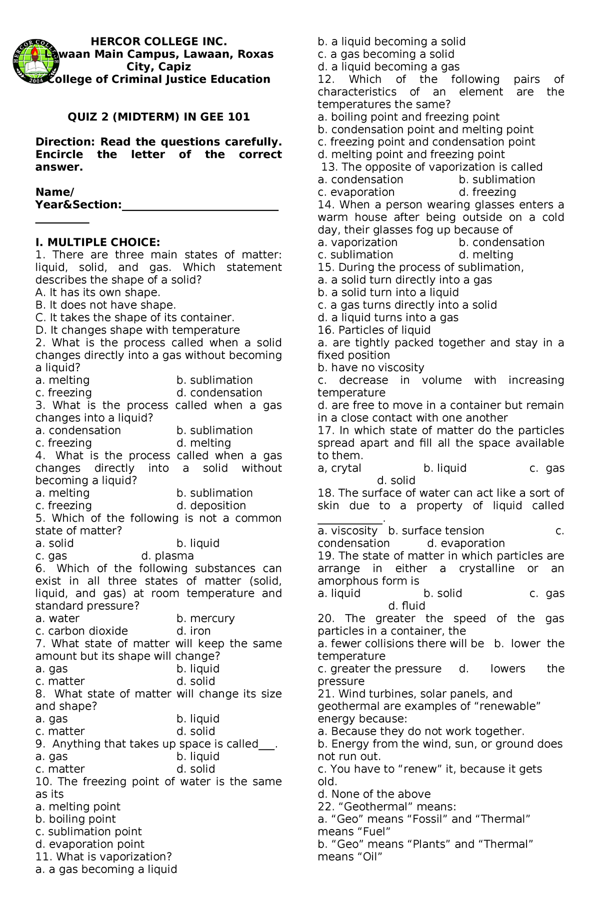 Hercor College QUIZ 2 Midterm Environmental Science - HERCOR COLLEGE ...