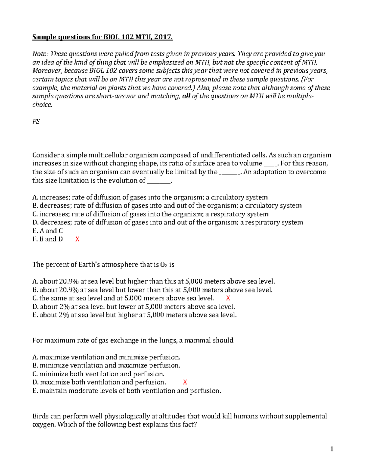 Bio 102 2017 MTII Sample Questions (with Answers) - **Sample Questions ...