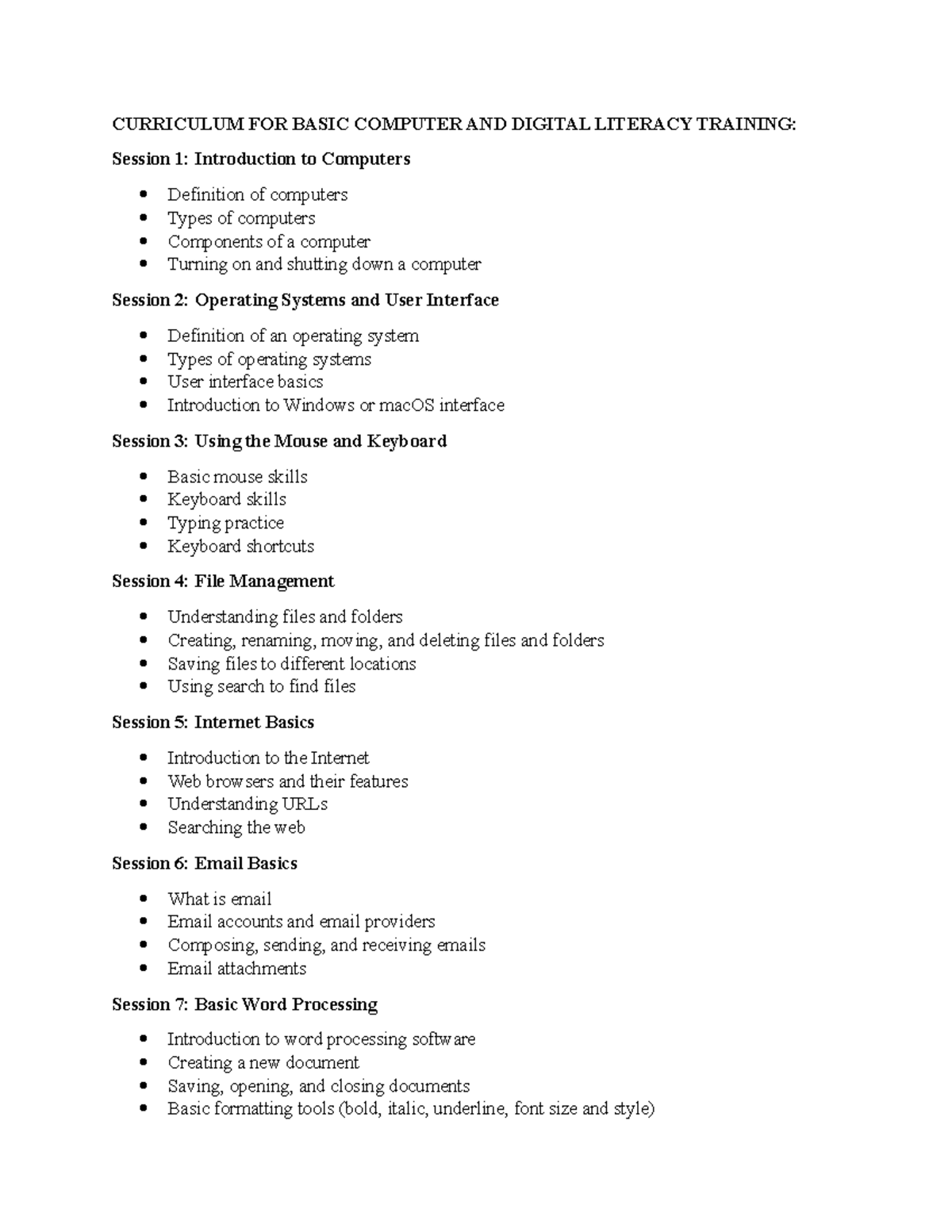 Curriculum FOR MAY Basic Computer AND Digital Literacy Training ...